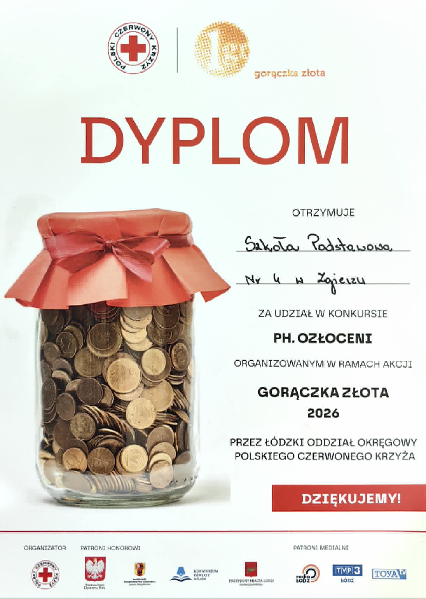 Dyplom dla szkoły za udział w&nbsp;akcji