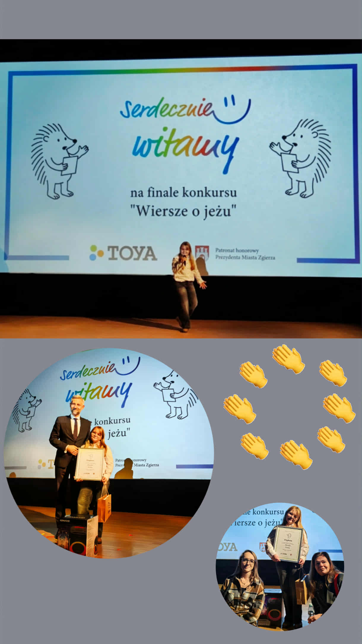 Na zdjęciu uczennica recytująca wiersz, w&nbsp;dolnej części zdjęcia uczennica z&nbsp;prezydentem Zgierza