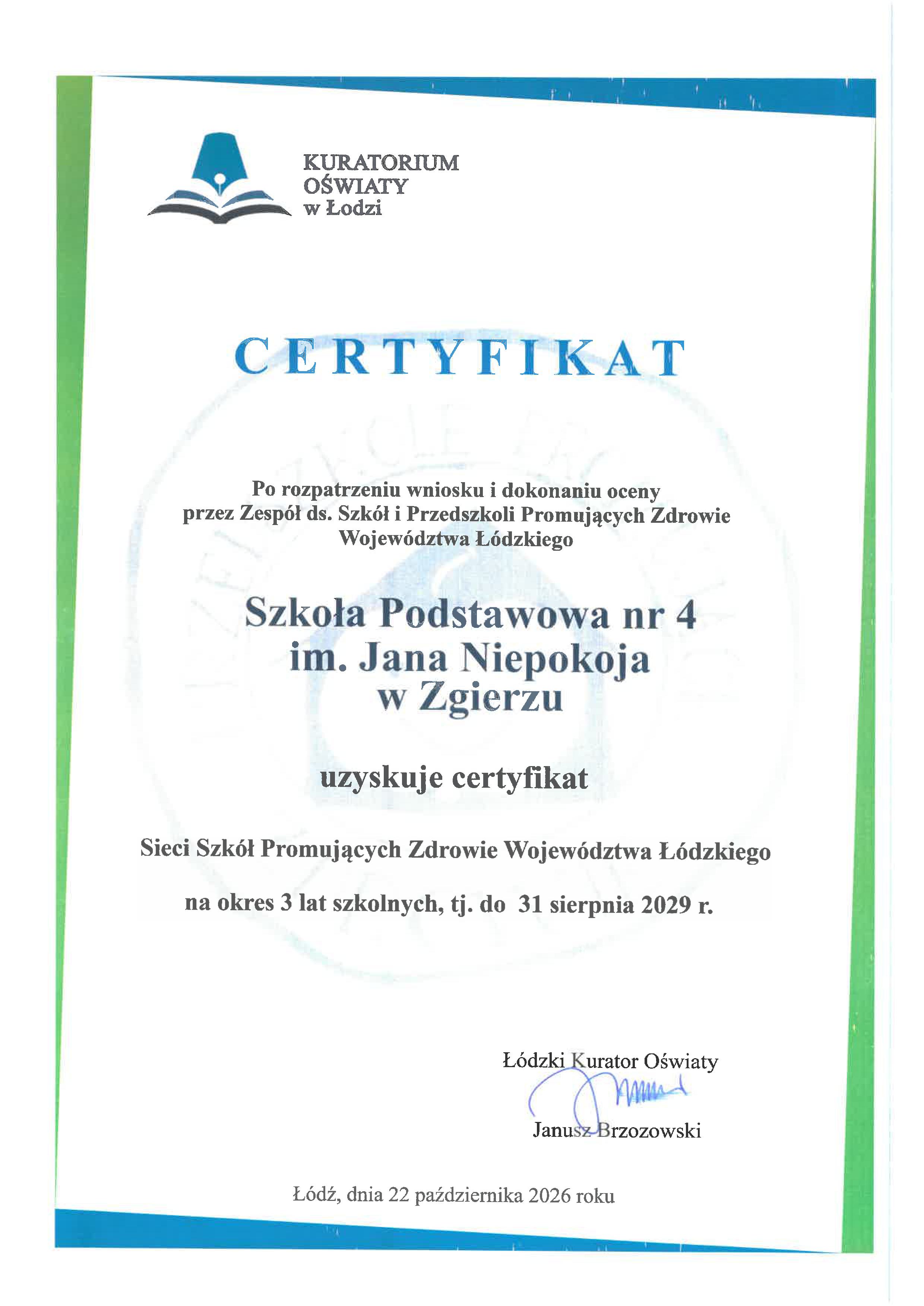 Certyfikat szkoły promującej zdrowie