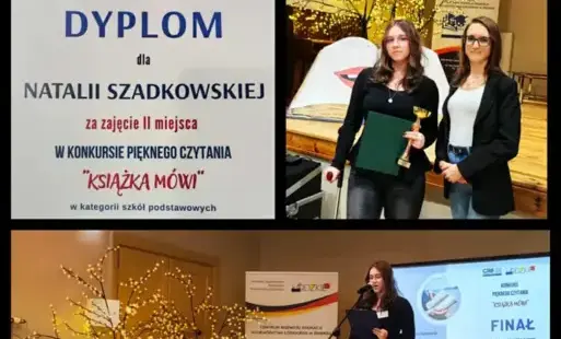 W pierwszej części zdjęcia dyplom uczennicy, w drugiej części uczennica z nauczycielką, w dolnej części uczennica recytuje  wiersz