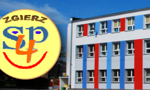 Zdjęcie budynku szkoły, obok żółte logo szkoły