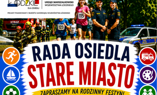 Plakat festynu, główny napis "Rada Osiedla Stare Miasto"
