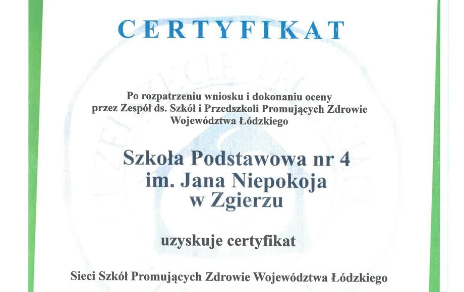 SP nr 4 w Zgierzu otrzymała certyfikat Szkoły Promującej Zdrowie